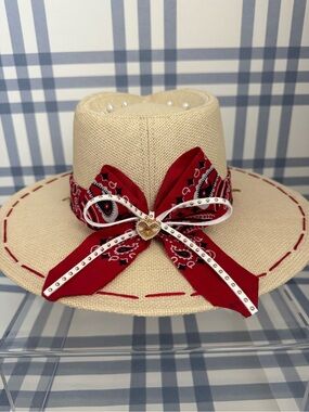 Beaded Cream Straw Cowboy Hat with Red Bandana Trim